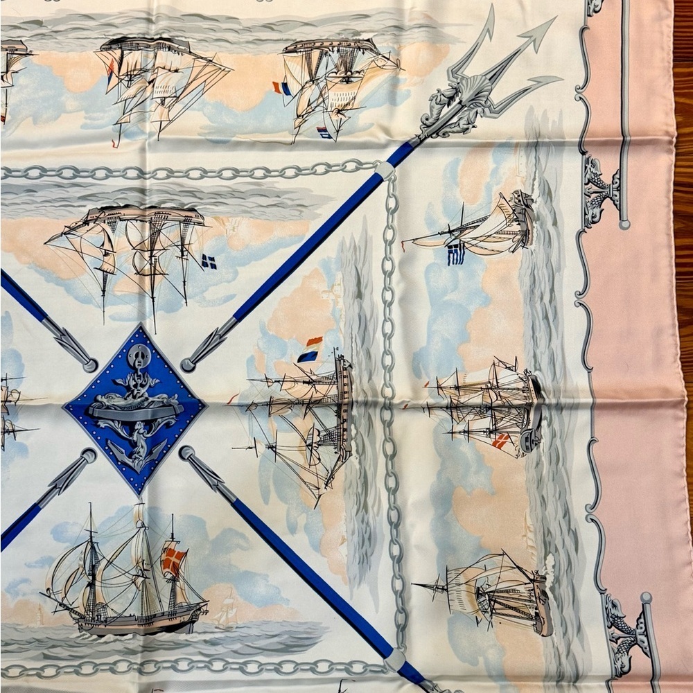HERMES Never Worn Vintage “The Wooden Marine” Pink Carre 90 Silk Twill Scarf - Picture 11 of 16